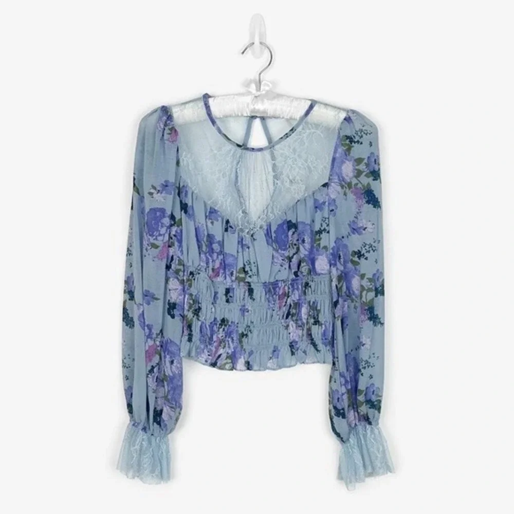 Free People Daphne Blouse Size S Blue Floral Lace Boho Cottage Girlcore Romantic
